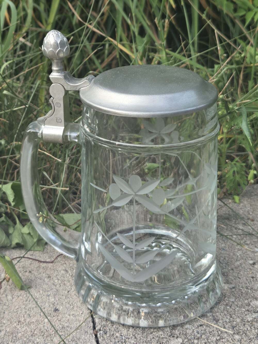 Vtg West Germany Etched Glass Beer Stein Pewter Lid BMF Zinn Flower Star Base